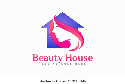 Beauty House Logo. Women and House Silhouette Combination Symbol Usable For Business, Foundation, Industrial, Services Company. Flat Vector Logo Design Illustration.