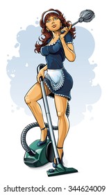 Beauty house maid with duster and vacuum cleaner in hands.

Beauty sexy house maid in standing pose with duster and vacuum cleaner in hands. 
