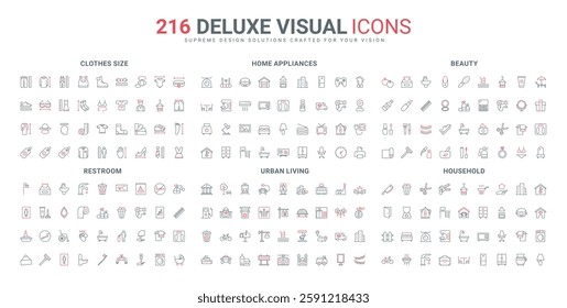 Beauty, household and city buildings line icon set. Guide charts to measure body, furniture and electrical appliances for home apartments thin black and red outline symbols vector illustration