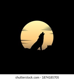 Beauty Howling Wolf and Super Moon Illustration logo design, Silhouette Icon on Black Background, Flat Design Vector Illustration