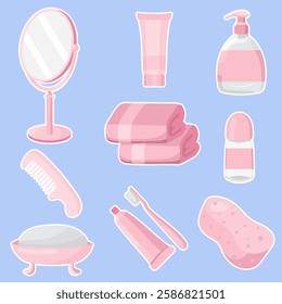 Beauty and hygiene set icon. Mirror, towels, soap, comb, toothbrush, toothpaste, deodorant, and liquid soap on a soft blue background. Daily care products for personal hygiene