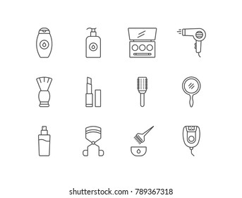 Beauty, hygiene, skin and hair care equipment, tools with shampoo, lotion, eyeshadow kit, hair dryer, shaving brush, lipstick, brush, lush curler, epilator.