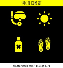 beauty icon. 4 beauty set with bleach, shining sun, scuba diving and shoes vector icons for web and mobile app