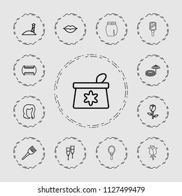 Beauty icon. collection of 13 beauty outline icons such as rose, comb, hairstyle, make up bag, coloring brush, love. editable beauty icons for web and mobile.