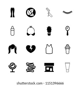 Beauty icon. collection of 16 beauty filled and outline icons such as mirror, electric razor, eyelash, lipstick, singlet, leaf, bra. editable beauty icons for web and mobile.