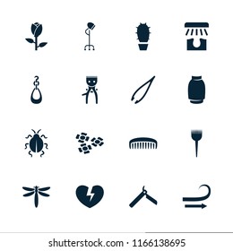 Beauty icon. collection of 16 beauty filled icons such as rose, bllade razor, barber brush, tweezers, dragonfly, comb, curly hair. editable beauty icons for web and mobile.