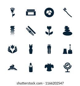 Beauty icon. collection of 16 beauty filled icons such as leaf, cream box, curly hair, woman in spa, flower, dress, rose. editable beauty icons for web and mobile.