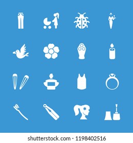 Beauty icon. collection of 16 beauty filled icons such as hair barrette, woman pants, woman with baby carriage, flower, ladybug. editable beauty icons for web and mobile.