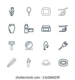 Beauty icon. collection of 16 beauty outline icons such as cream box, straight hair, woman hairstyle, coloring brush, soap, skirt. editable beauty icons for web and mobile.