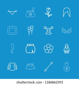 Beauty icon. collection of 16 beauty outline icons such as rose, woman hairstyle, panties with heart, cotton buds, casino girl. editable beauty icons for web and mobile.