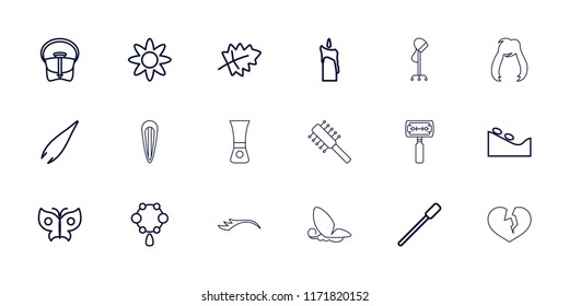 Beauty icon. collection of 18 beauty outline icons such as leaf, nailfile, tweezers, necklace, spa stone, bag, candle, butterfly. editable beauty icons for web and mobile.