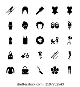 Beauty icon. collection of 25 beauty filled icons such as leaf, baby shoes, hair brush, woman hairstyle, nail, hairstyle, sawing. editable beauty icons for web and mobile.