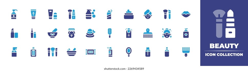 Beauty icon collection. Duotone color. Vector illustration. Containing liquid soap, body lotion, cosmetics, makeup, soap, hair spray, hair gel, sauna, make up, lips, lipstick, eyeliner.