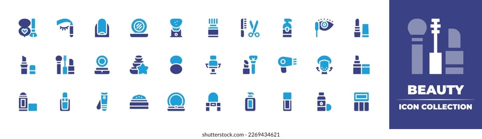 Beauty icon collection. Duotone color. Vector illustration. Containing makeup, eyebrow pencil, nail, mirror, facial steamer, essential oil, scissors, lotion, mascara, lipstick, make up, blusher.