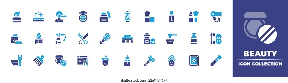 Beauty icon collection. Duotone color. Vector illustration. Containing natural product, skincare, spa, concealer, skin care, beauty salon, brush, lipstick, makeup, hair dryer, beauty.