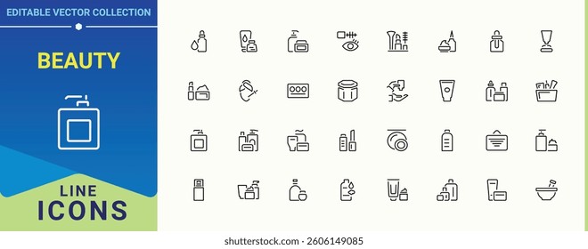 Beauty icon collection. Includes symbols for makeup, care,  product, cosmetic and more. Cosmetics modern icon. Minimal icons set. Signs for web and mobile app.