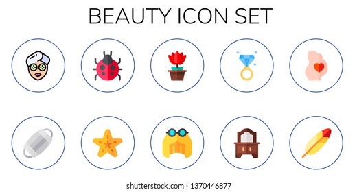 beauty icon set. 10 flat beauty icons.  Simple modern icons about  - facial mask, masks, ladybug, starfish, flower, wig, ring, mirror, pregnant, feather