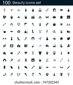 beauty icon set with 100 vector pictograms. Simple filled spa icons isolated on a white background. Good for apps and web sites. 