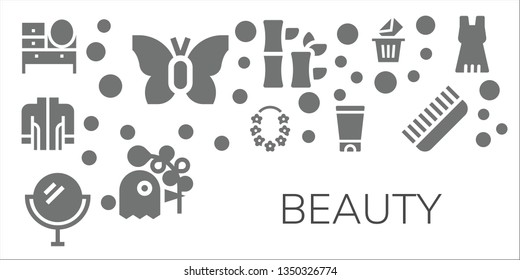 beauty icon set. 11 filled beauty icons.  Collection Of - Dressing table, Butterfly, Jacket, Flower, Mirror, Gel, Bamboo, Pigeon, Removed, Comb, Dress
