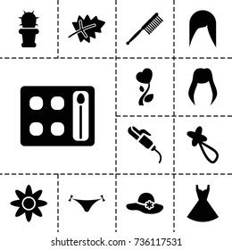 Beauty icon. set of 13 filled beauty icons such as leaf, woman hairstyle, panties with heart, woman hat, eyeshadow palette, hair barrette, hair curler, toothbrush, dress