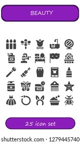  beauty icon set. 25 filled beauty icons. Simple modern icons about  - Candles, Dragonfly, Flower, Bathtub, Mirror, Spray bottle, Polisher, Dressing table, Eye mask, Makeup, Laser pen