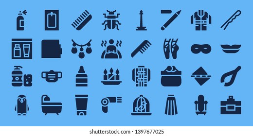 beauty icon set. 32 filled beauty icons. on blue background style Collection Of - Spray bottle, Gel, Shampoo, Penguin, Bath, Wallet, Mask, Comb, Necklace, Eye drops, Beetle, Candles