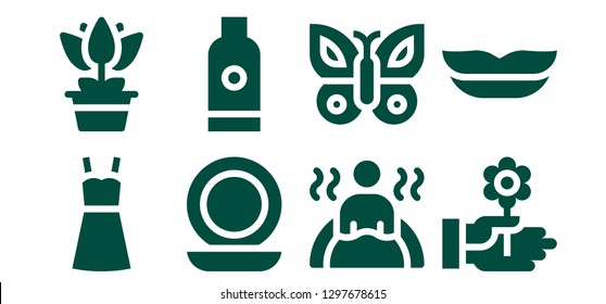  beauty icon set. 8 filled beauty icons. Simple modern icons about  - Dress, Flower, Mirror, Shampoo, Bath, Butterfly, Lips
