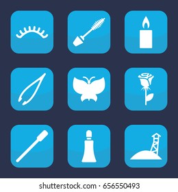 Beauty icon. set of 9 filled beauty icons such as nailfile, tweezers, mascara, cream tube, eyelashes, rose, candle, butterfly