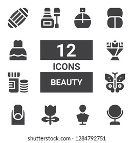 beauty icon set. Collection of 12 filled beauty icons included Mirror, Sculpture, Tulip, Nails, Butterfly, Vitamins, Flower bouquet, Nail polish, Makeup, Dress, Masks, Parfume