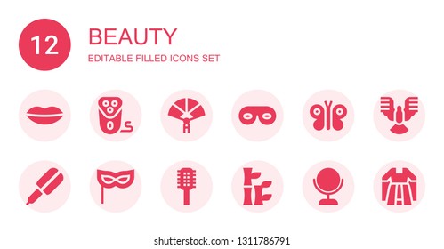beauty icon set. Collection of 12 filled beauty icons included Lips, Electric shaver, Paper fan, Eye mask, Butterfly, Hair straightener, Mask, Comb, Bamboo, Mirror, Dove, Gown