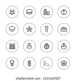 Beauty icon set. collection of 16 outline beauty icons with beetle, bikini, butterfly, electric shaver, hair mask, hot tub, heels, flowers, ladybug, necklace, parfume icons.