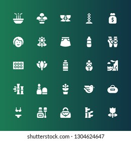 beauty icon set. Collection of 25 filled beauty icons included Tulip, Bamboo, Handbag, Nail polish, Bikini, Purse, Dove, Flower pot, Make up, Cliff, Goddess, Shampoo, Lotus, Eyeshadow