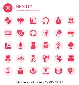 beauty icon set. Collection of 30 filled beauty icons included Vitamin, Lotus, Cliff, Piercing, Parfume, Amc, Masks, Necklace, Ballerina, Flower, Candles, Queen, Body, Armenian