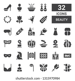 beauty icon set. Collection of 32 filled beauty icons included Bamboo, Flower, Butterfly, Lips, Sculpture, Bikini, Amc, Jacket, Eyeshadow, Saloon, Penguin, Mask, Peacock, Incense