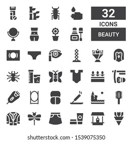 beauty icon set. Collection of 32 filled beauty icons included Flowers, Well, Cosmetics, Skirt, Dragonfly, Jacket, Comb, Cliff, Incense, Makeup, Mirror, Razor, Shave, Body, Butterfly