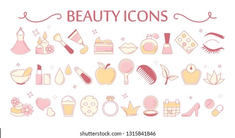 Beauty icon set. Collection of cosmetic and skin care symbol. Lipstick, brush, powder and shampoo bottle. Isolated flat vector illustration