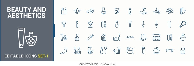Beauty icon set. Includes thin line aesthetics, sign, relax, female, body, illustration and more. Isolated icons design. Minimalist vector icons editable stroke.