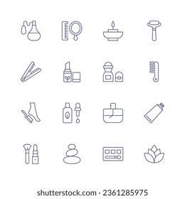 Beauty icon set. Thin line icon. Editable stroke. Containing aromatic candle, beauty, cologne, eye shadow, face roller, fragrance, hair comb, hair straightener, hand cream, lotus flower, makeup.