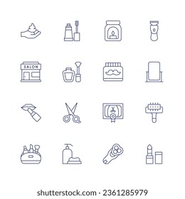 Beauty icon set. Thin line icon. Editable stroke. Containing aroma, beard trimming, beauty, certificate, electric shaver, foam, full length mirror, hair salon, hair, lipstick, make up bag, mascara.