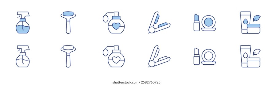Beauty icon set in two styles, Duotone and Thin Line style. Editable stroke. hair straightener, make up, cosmetics, beauty, face roller, perfume.