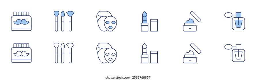 Beauty icon set in two styles, Duotone and Thin Line style. Editable stroke. lipstick, beauty, lotion, fragrance, make up, facial treatment.