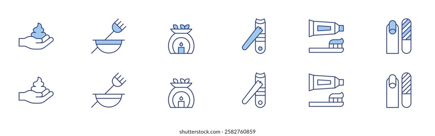 Beauty icon set in two styles, Duotone and Thin Line style. Editable stroke. nail clipper, foam, beauty, aromatherapy, toothpaste, manicure.