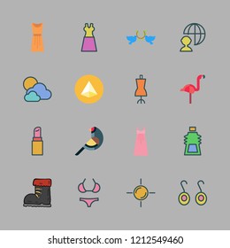 beauty icon set. vector set about cloudy, lipstick, dress and sun icons set.