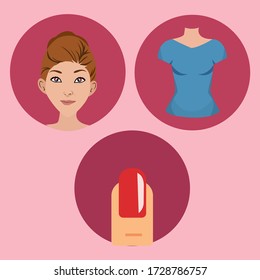 Beauty icon set vector: woman's face, woman's body, and finger nail