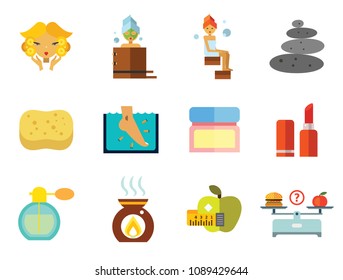 Beauty Icon Set. Woman With Curls Diet Concept Aroma Lamp Face Cream Fish Peeling Products On Scales Lipstick Sponge Stone Therapy Perfume Woman With Mudpack On Face Woman In Bath Woman In Steamroom