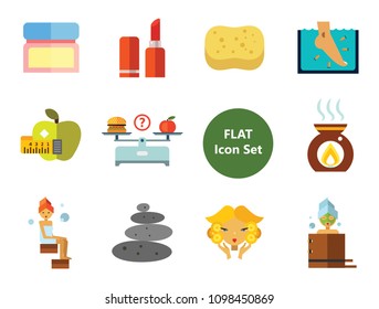 Beauty Icon Set. Woman With Curls Diet Concept Aroma Lamp Face Cream Fish Peeling Products On Scales Lipstick Sponge Stone Therapy Perfume Woman With Mudpack On Face Woman In Bath Woman In Steamroom