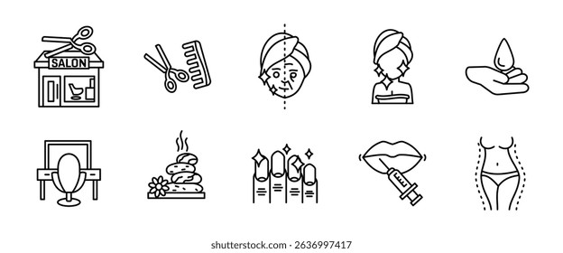 Beauty icon. Skincare procedures, salon tools and cosmetic treatments vector illustration. Wellness and body care concept symbol. Aesthetic self-care and hygiene sign. Personal care outline pictogram.