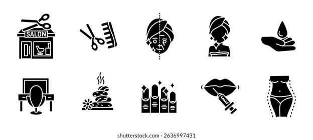 Beauty icon. Skincare procedures, salon tools and cosmetic treatments vector illustration. Wellness and body care concept symbol. Aesthetic self-care and hygiene sign. Personal care black pictogram.