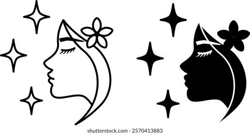 Beauty Icons. Black and White Vector Illustrations. Beautiful Girl Face with Flower in Hair. Fashion Concept