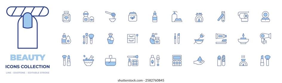 Beauty icons collection. Line Duotone style, editable stroke. foam, beauty, toothpaste, manicure, brushes, eye shadow, serum, perfume, eyelashes, make up, cologne.